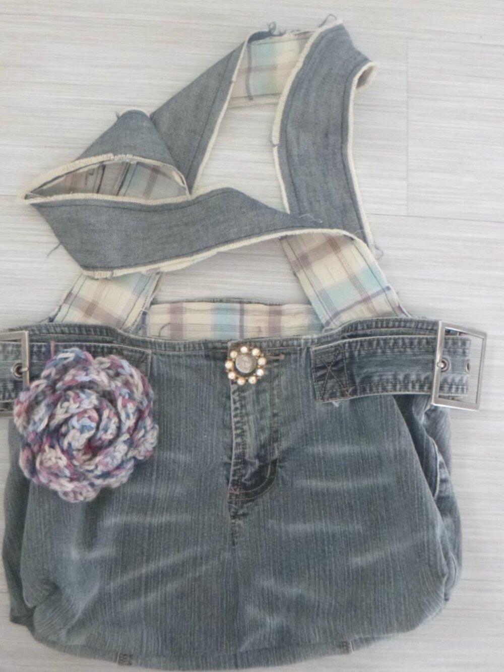 Designer Denim Jeans Purse Shoulder Bag w/Puffy Flower & Vintage Pin Z CAVARICCI